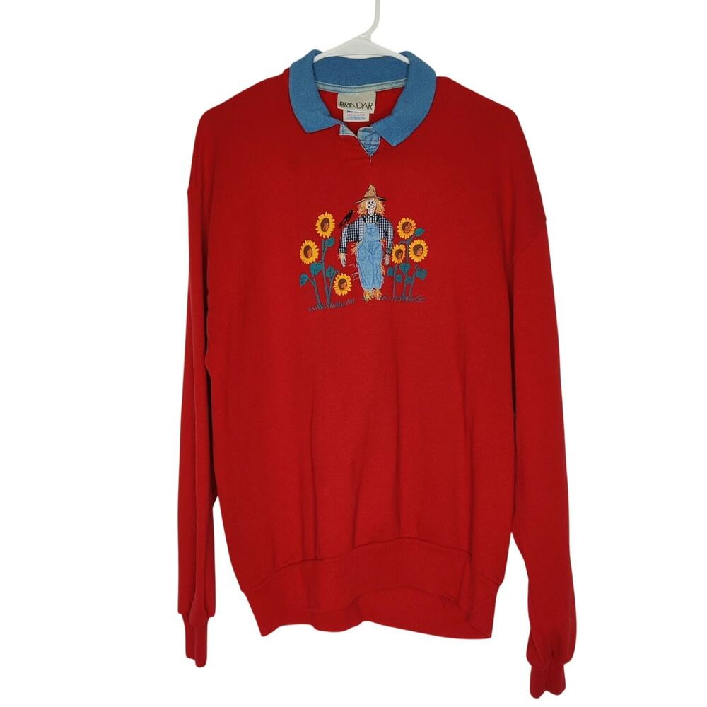 Vtg 90s Novelty Scarecrow Red Collar Sweatshirt XL Eclectic Grandma Fall Autumn